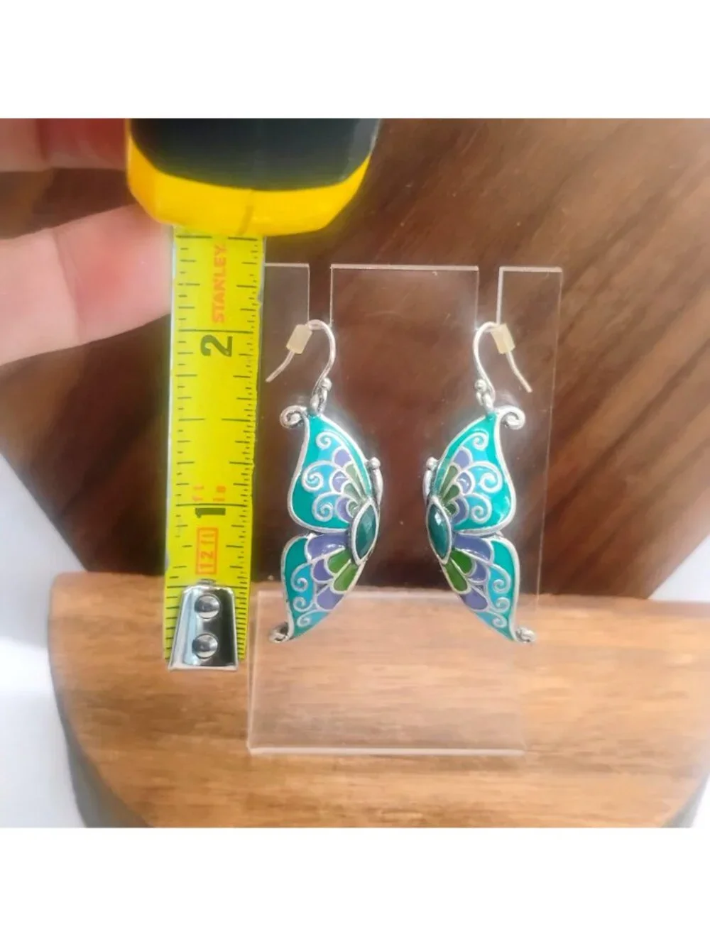 Double Sided Enamel Butterfly Wing Earrings Blue Purple Green Silver 1.5